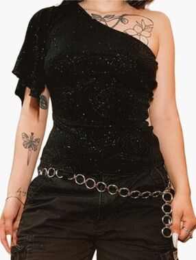 Vintage Y2K Black Glittery One Shoulder Top!